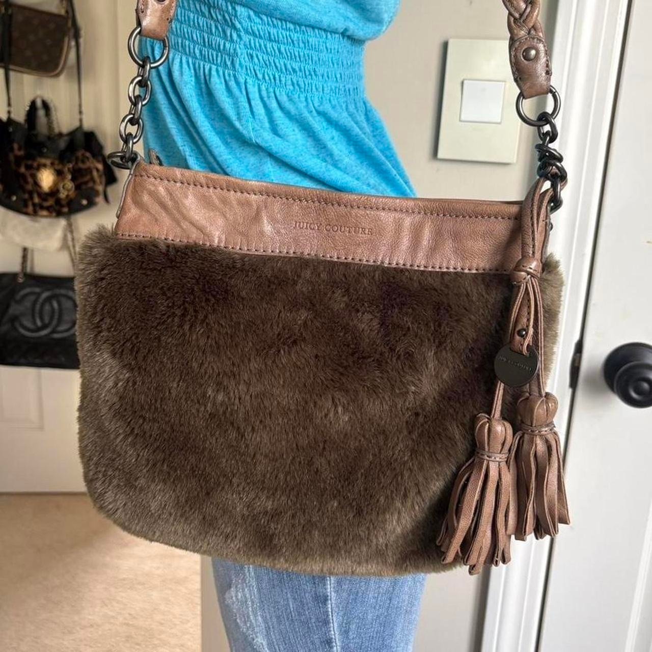 Y2k 2000s Juicy Couture Brown Leather Faux Fur Tassel Charm Shoulder Bag